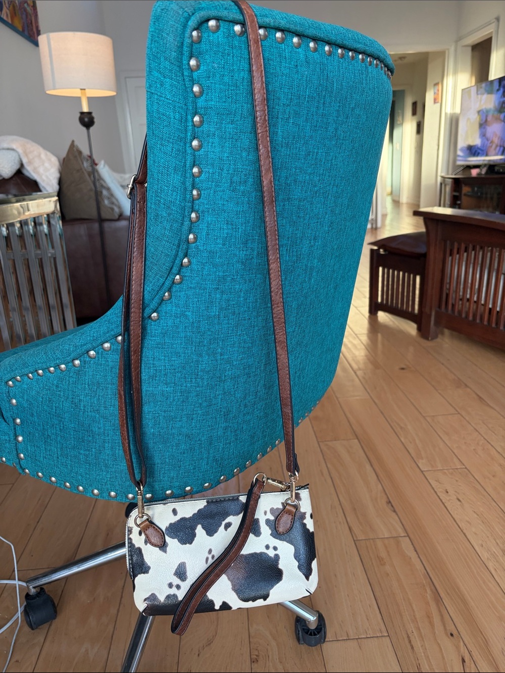 Cowhide-Print Crossbody Bag with Brown Trim